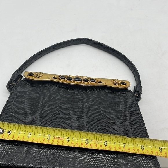 Vintage Black Gold Leather Snakeskin Metal Embellished Evening Bag After Five - Picture 15 of 15